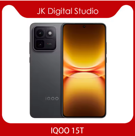 新款中国版 iQOO 15T 手机，搭载联发科天玑9500处理器，配备6.82英寸144Hz AMOLED屏幕、8000mAh电池、100W闪充、2亿像素摄像头、NFC、OTA升级及谷歌应用商店。