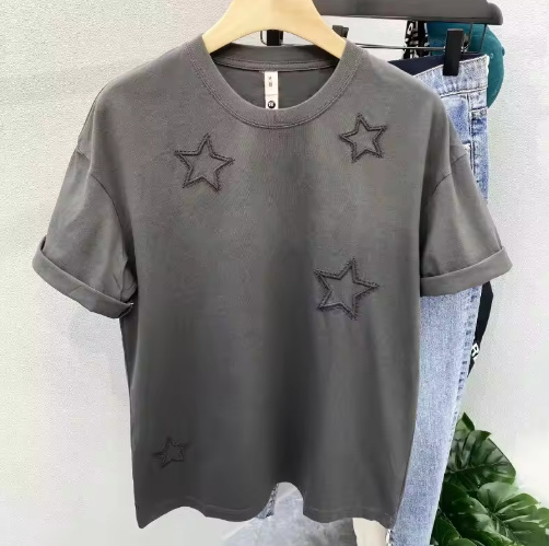 男士奢华设计师夏季休闲宽松T恤，五星刺绣，230克重磅短袖T恤